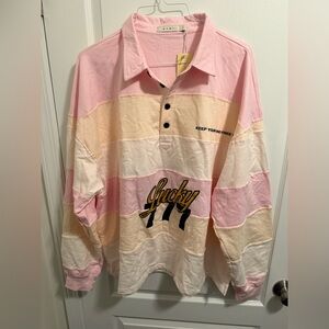 mnml Men's 777 Lucky Pink and Cream Striped Rugby Shirt - Size Large NWT